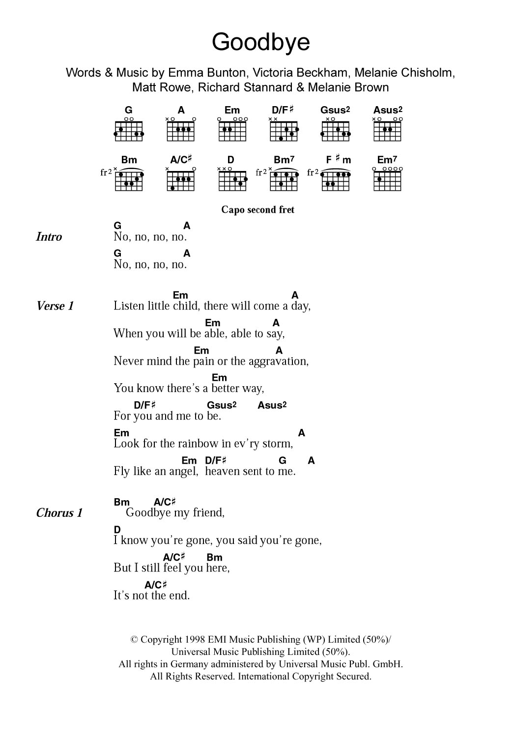Spice Girls Goodbye sheet music notes and chords arranged for Guitar Chords/Lyrics