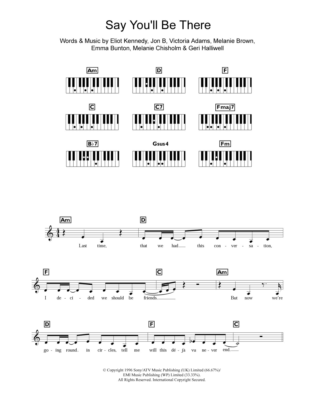Spice Girls Say You'll Be There sheet music notes and chords arranged for Piano Chords/Lyrics