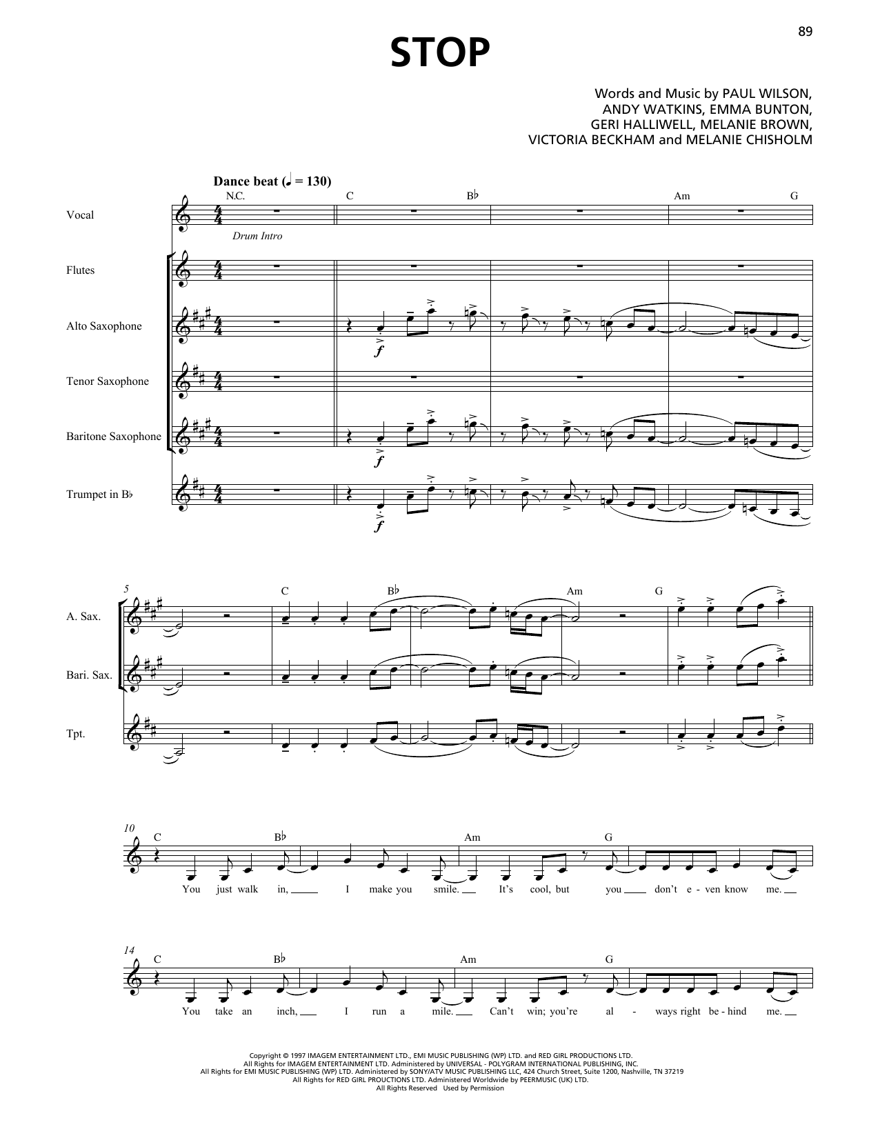 Spice Girls Stop (Horn Section) sheet music notes and chords arranged for Transcribed Score