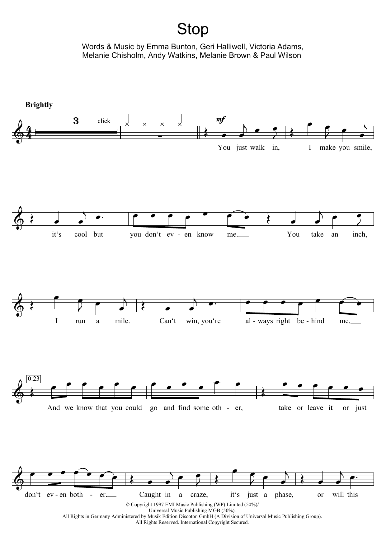 Spice Girls Stop sheet music notes and chords arranged for Flute Solo