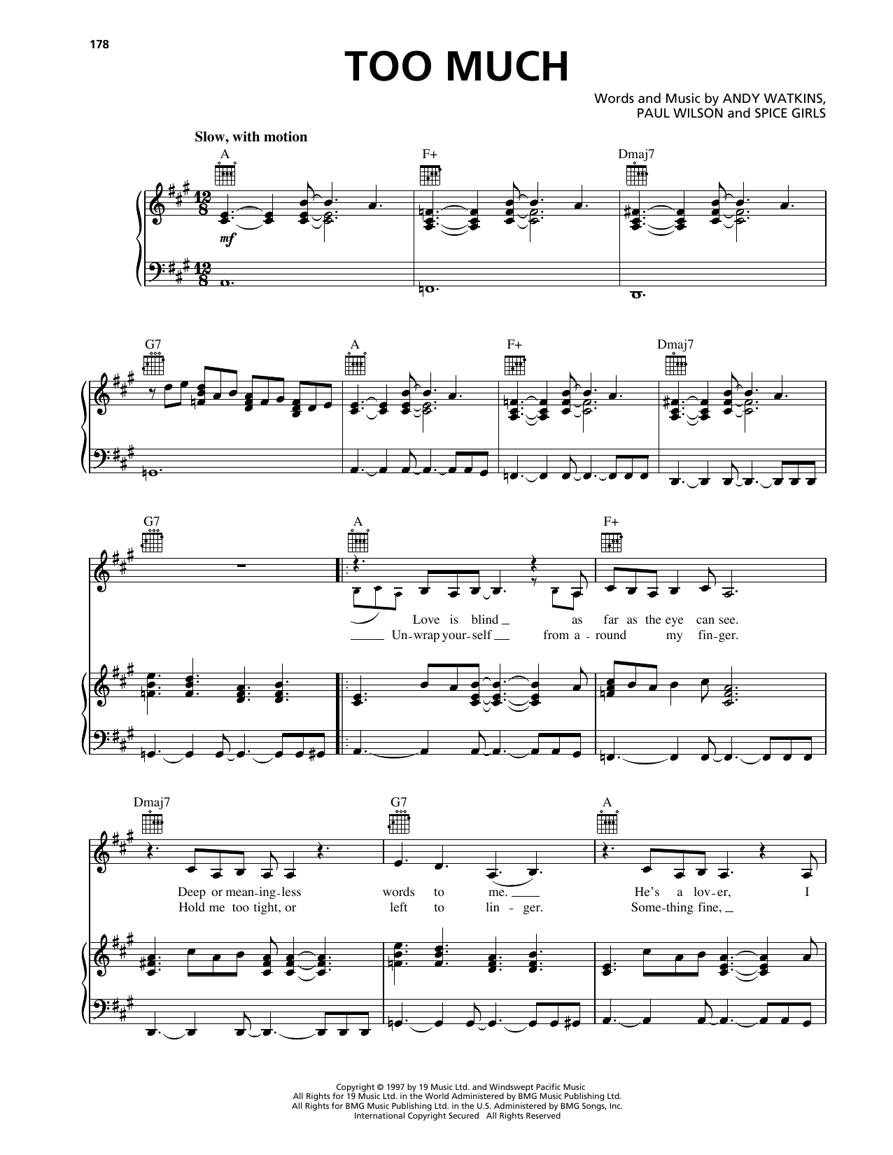Spice Girls Too Much sheet music notes and chords arranged for Piano, Vocal & Guitar Chords (Right-Hand Melody)