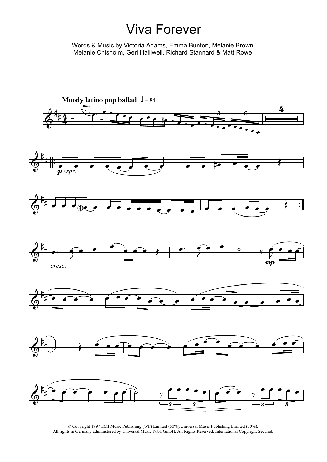 Spice Girls Viva Forever sheet music notes and chords arranged for Flute Solo