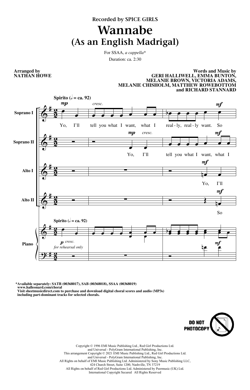 Spice Girls Wannabe (As an English Madrigal) (arr. Nathan Howe) sheet music notes and chords arranged for SATB Choir