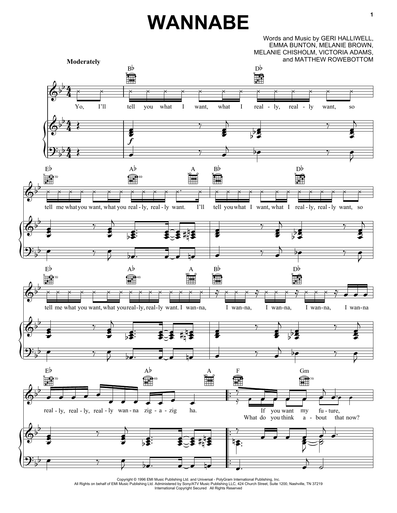 The Spice Girls Wannabe sheet music notes and chords arranged for Piano, Vocal & Guitar Chords