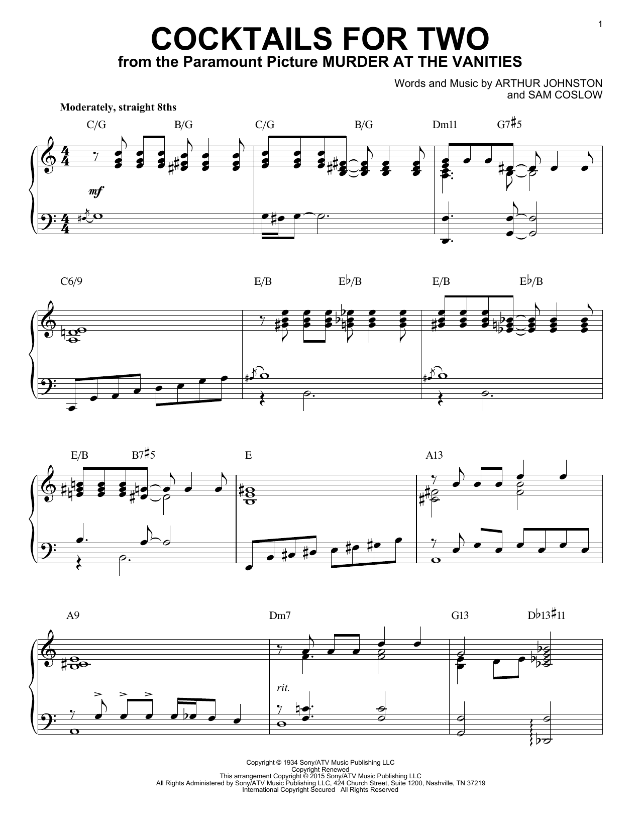 Spike Jones & His City Slickers Cocktails For Two [Jazz version] (arr. Brent Edstrom) sheet music notes and chords arranged for Piano Solo