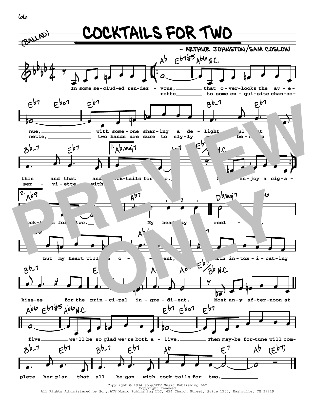 Spike Jones & His City Slickers Cocktails For Two (Low Voice) sheet music notes and chords arranged for Real Book – Melody, Lyrics & Chords