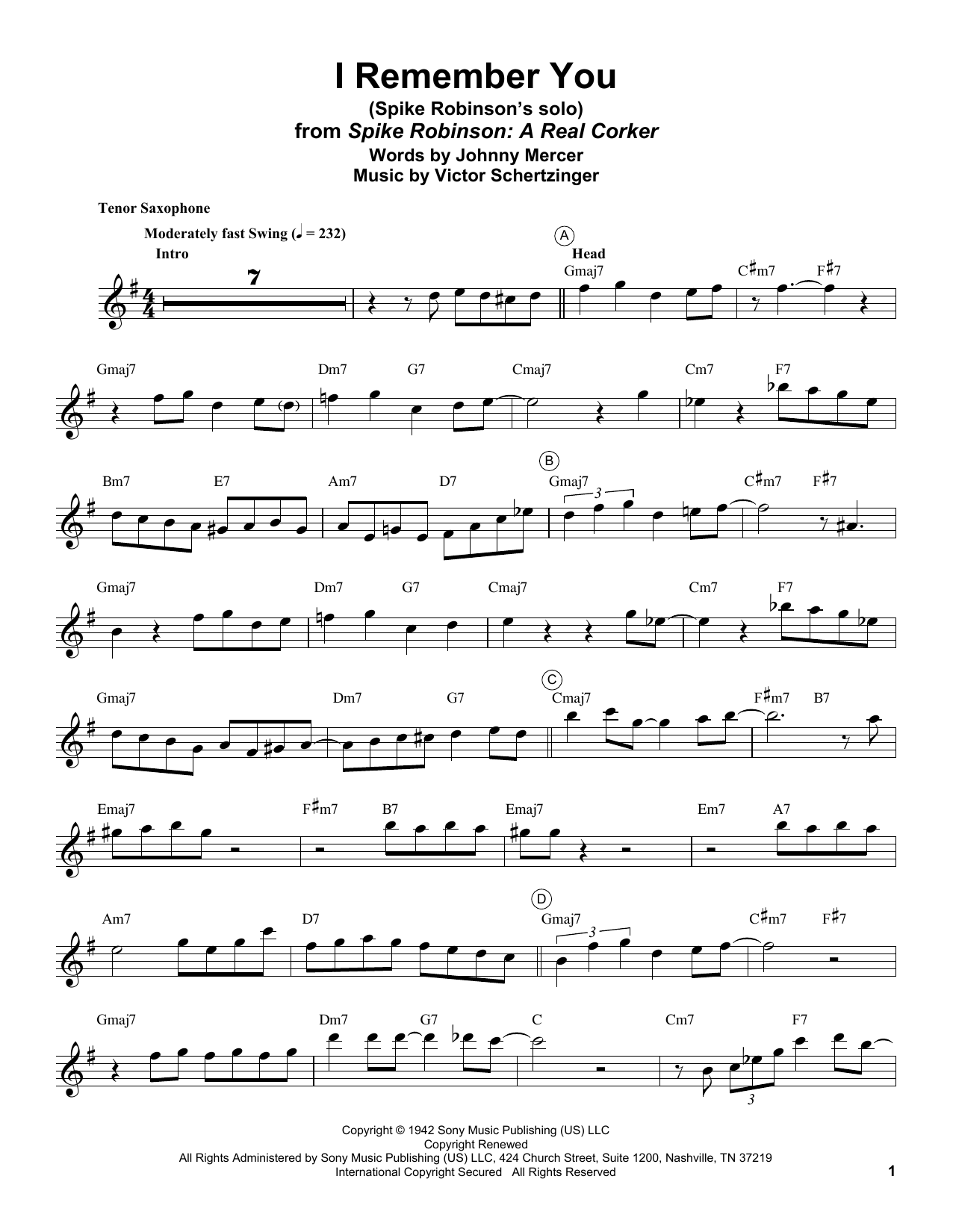 Spike Robinson I Remember You sheet music notes and chords arranged for Tenor Sax Transcription