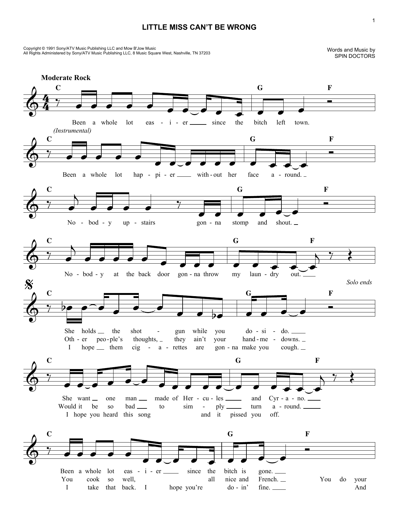 Spin Doctors Little Miss Can't Be Wrong sheet music notes and chords arranged for Piano, Vocal & Guitar Chords (Right-Hand Melody)