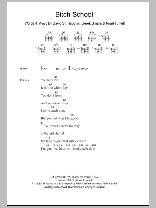 Spinal Tap Bitch School sheet music notes and chords arranged for Guitar Chords/Lyrics