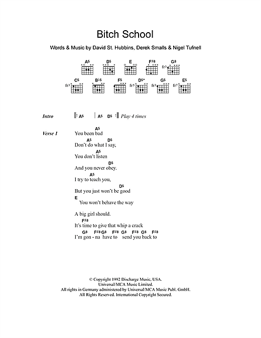 Spinal Tap Bitch School sheet music notes and chords arranged for Guitar Chords/Lyrics