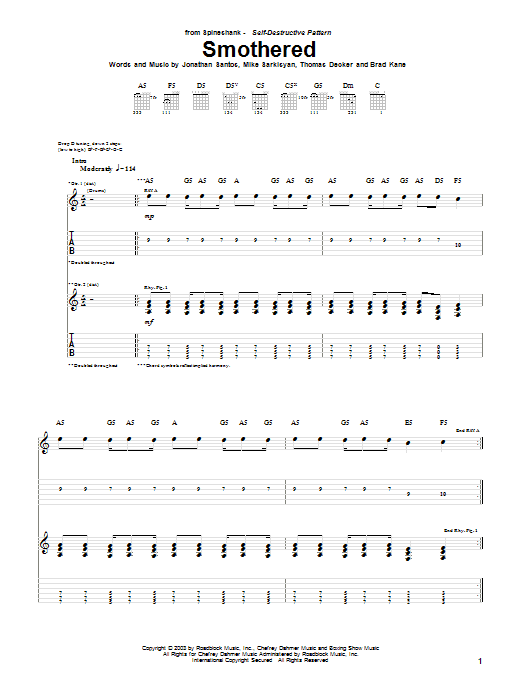 Spineshank Smothered sheet music notes and chords arranged for Guitar Tab