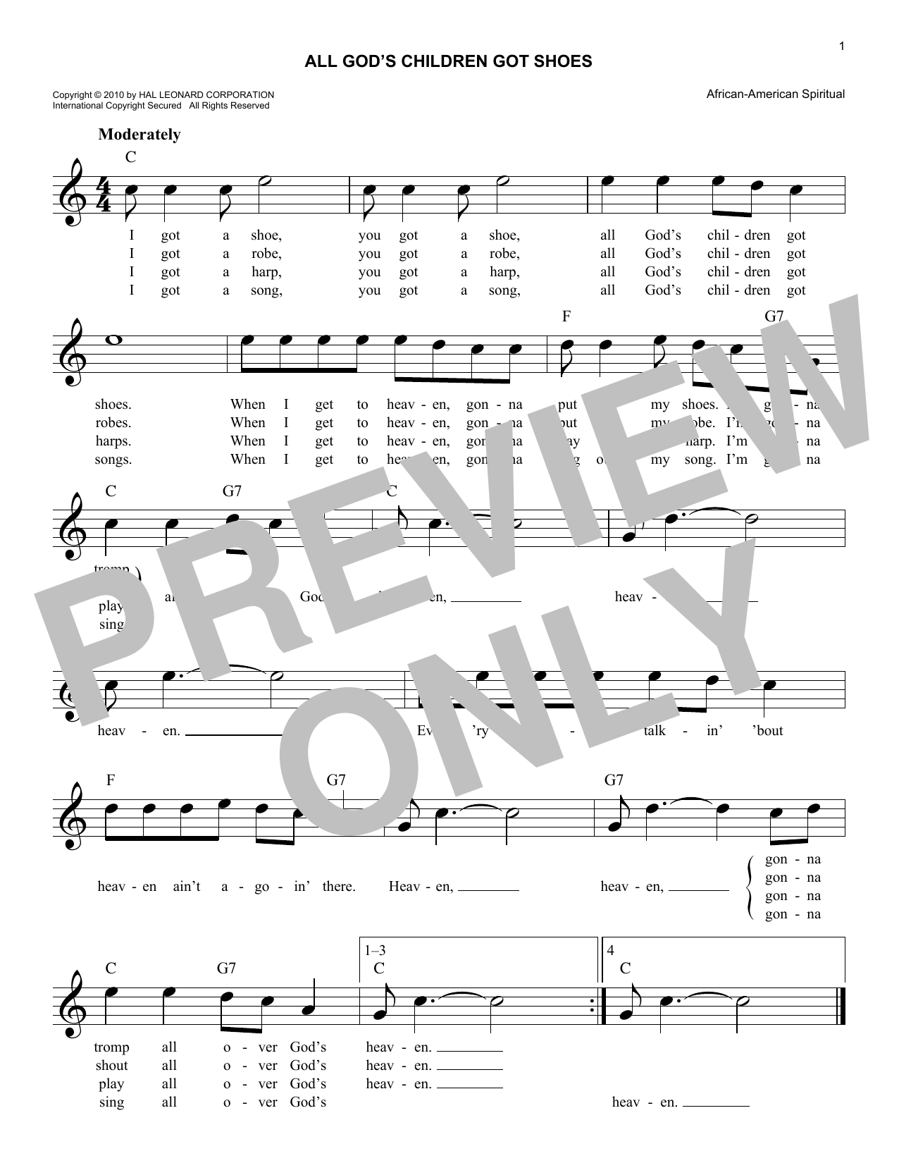 Spiritual All God's Children Got Shoes sheet music notes and chords arranged for Lead Sheet / Fake Book