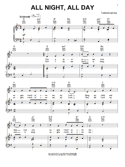 Spiritual All Night, All Day sheet music notes and chords arranged for Piano, Vocal & Guitar Chords (Right-Hand Melody)