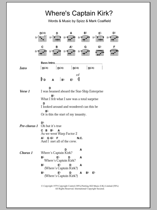 Spizz Energi Where's Captain Kirk? sheet music notes and chords arranged for Guitar Chords/Lyrics