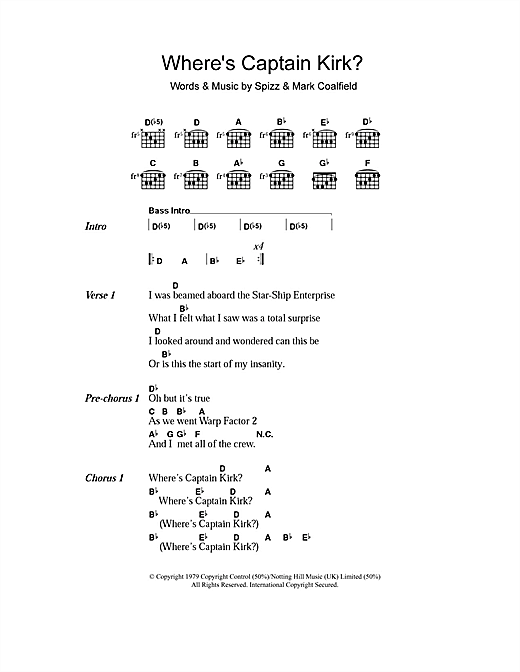 Spizz Energi Where's Captain Kirk? sheet music notes and chords arranged for Guitar Chords/Lyrics