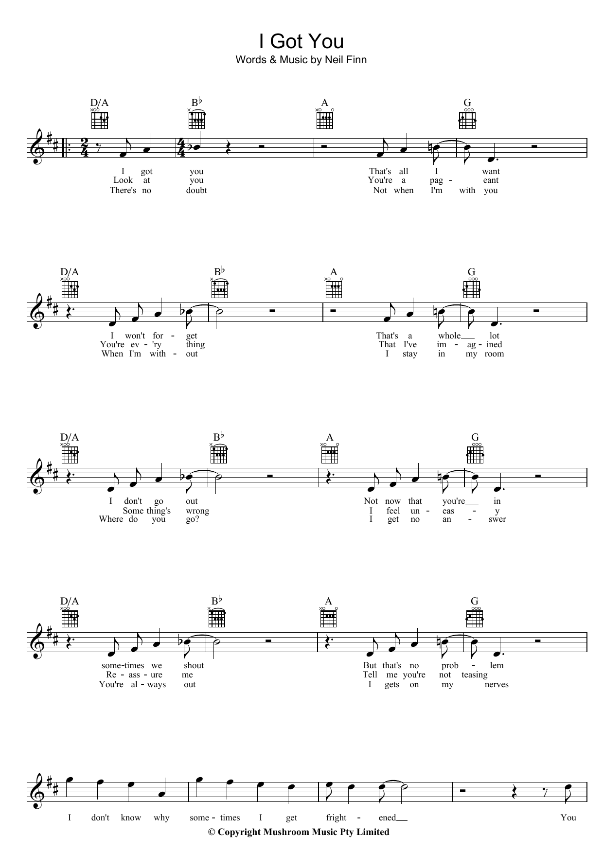 Split Enz I Got You sheet music notes and chords arranged for Lead Sheet / Fake Book
