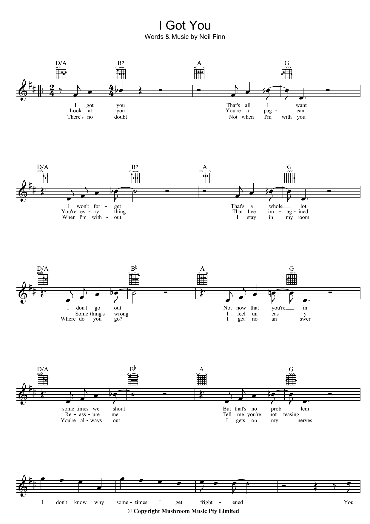 Split Enz I Got You sheet music notes and chords arranged for Guitar Chords/Lyrics