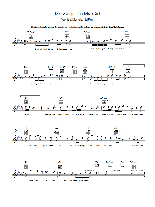 Split Enz Message To My Girl sheet music notes and chords arranged for Guitar Tab