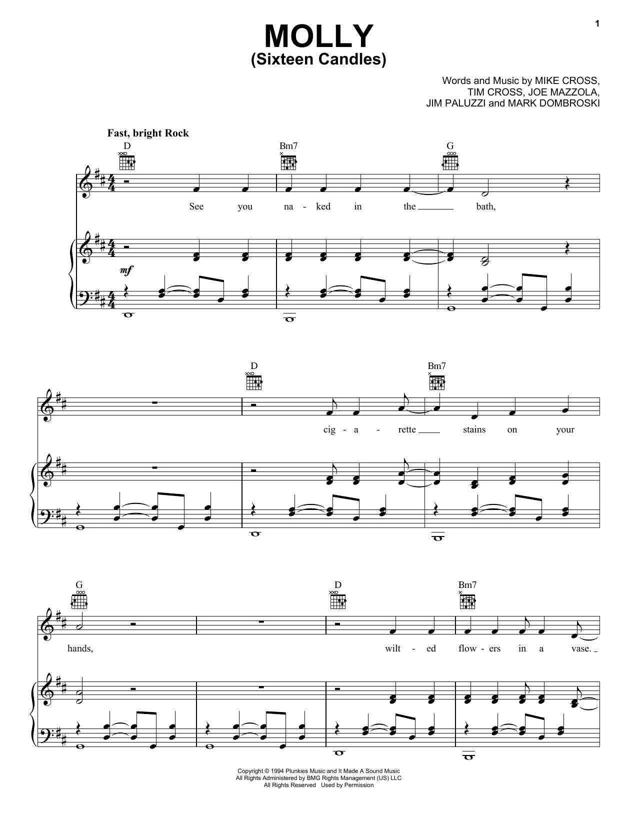 Sponge Molly (Sixteen Candles) sheet music notes and chords arranged for Piano, Vocal & Guitar Chords (Right-Hand Melody)