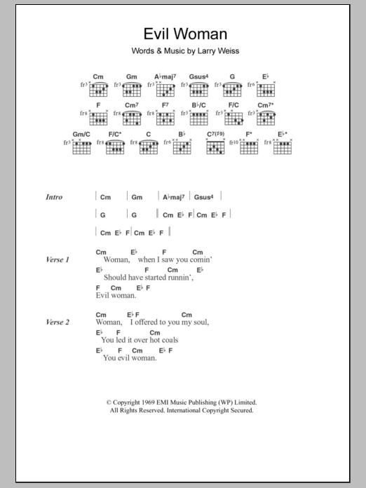 Spooky Tooth Evil Woman sheet music notes and chords arranged for Guitar Chords/Lyrics
