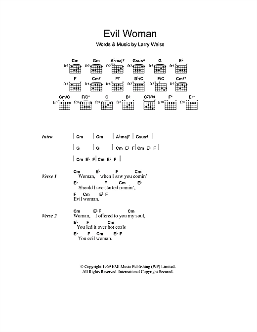 Spooky Tooth Evil Woman sheet music notes and chords arranged for Guitar Chords/Lyrics