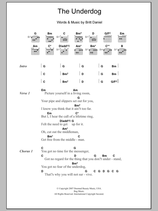 Spoon The Underdog sheet music notes and chords arranged for Guitar Chords/Lyrics