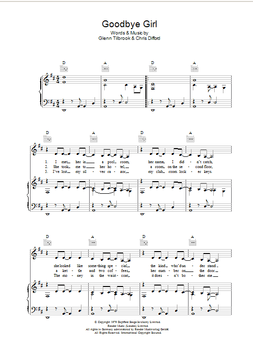 Squeeze Goodbye Girl sheet music notes and chords arranged for Piano, Vocal & Guitar Chords