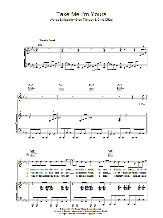 Squeeze Take Me I'm Yours sheet music notes and chords arranged for Piano, Vocal & Guitar Chords