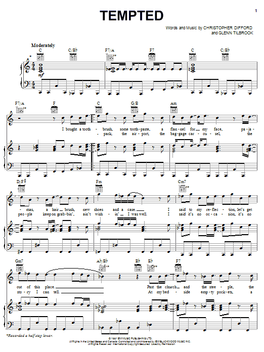 Squeeze Tempted sheet music notes and chords arranged for Piano, Vocal & Guitar Chords (Right-Hand Melody)