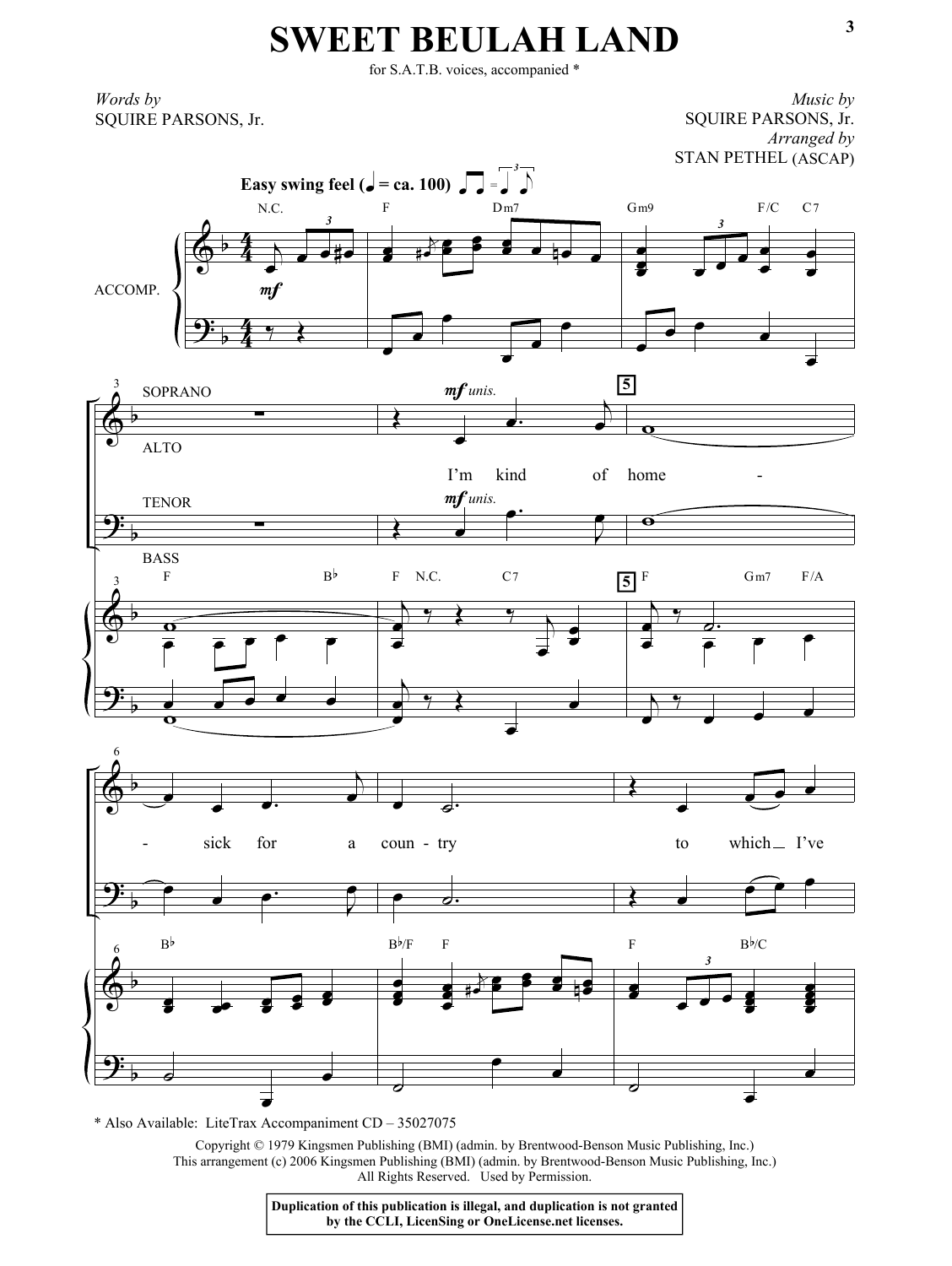 Squire Parsons Sweet Beulah Land (arr. Stan Pethel) sheet music notes and chords arranged for SATB Choir