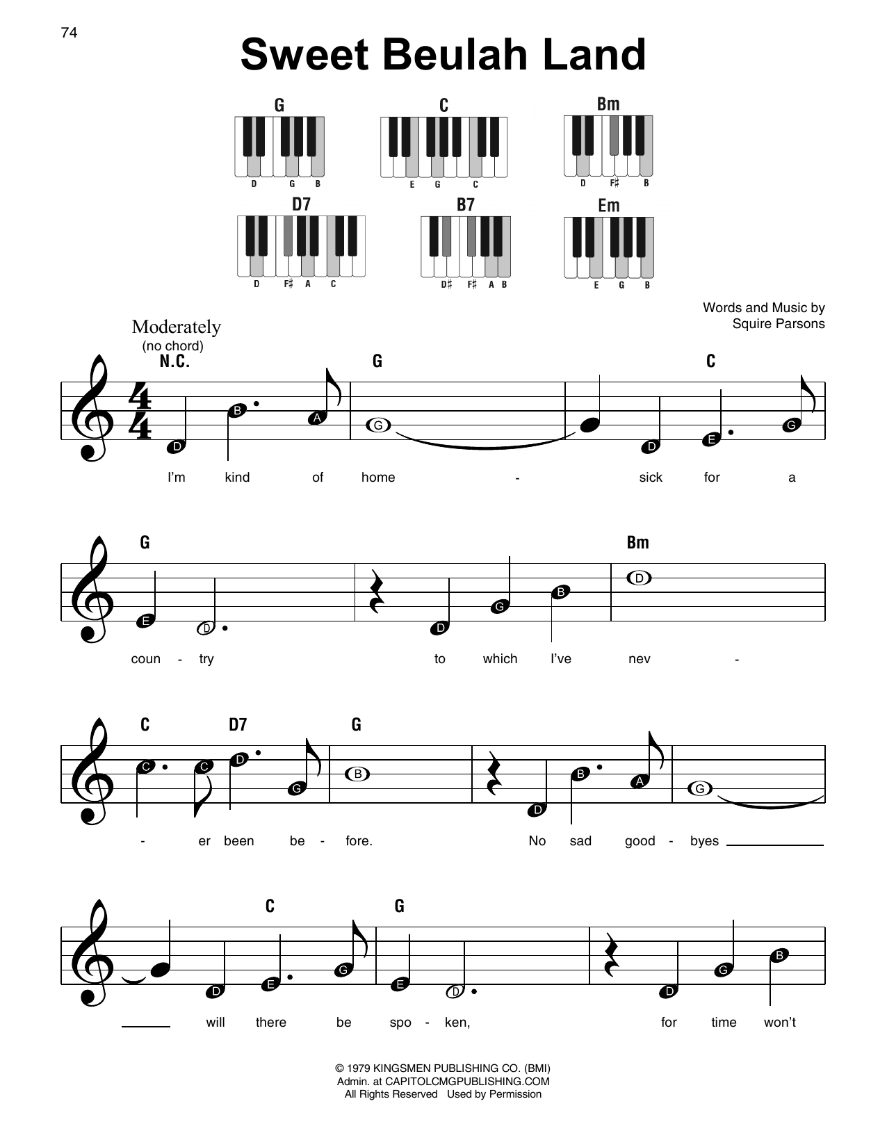 Squire Parsons Sweet Beulah Land sheet music notes and chords arranged for Super Easy Piano