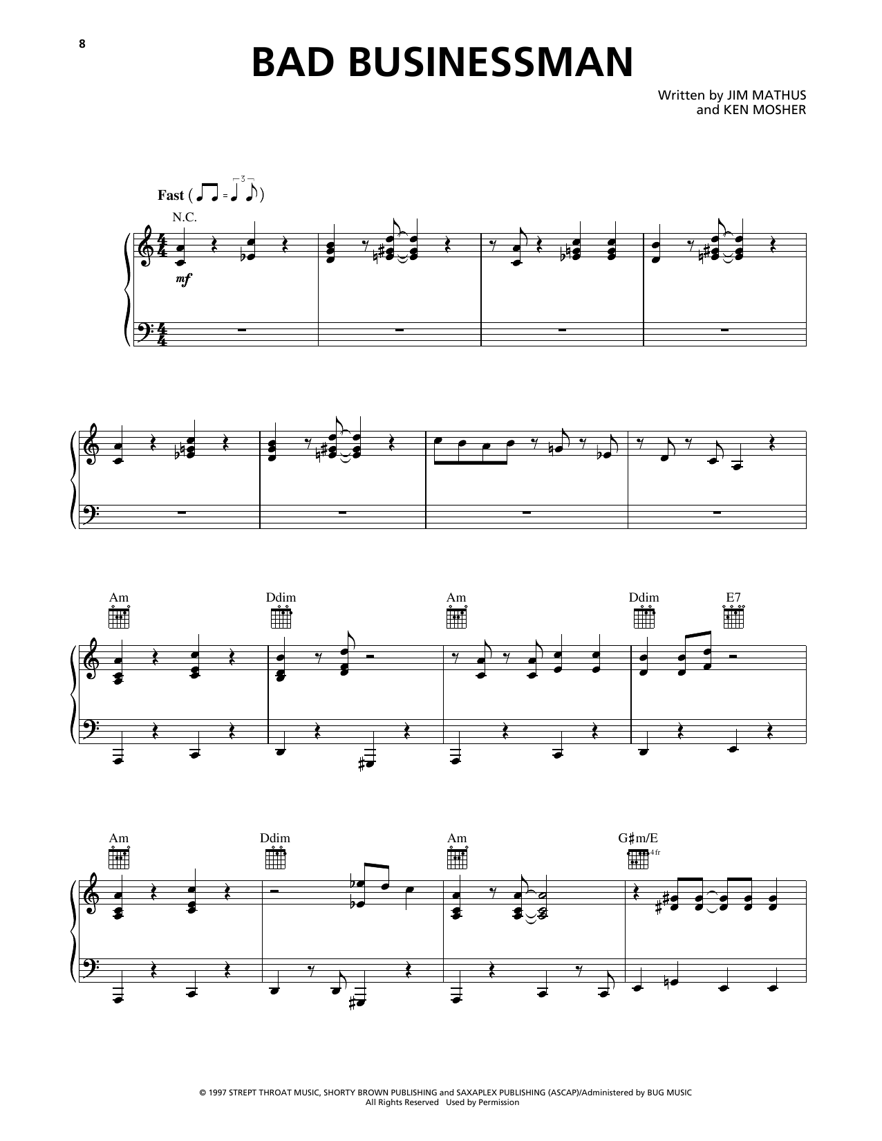 Squirrel Nut Zippers Bad Businessman sheet music notes and chords arranged for Piano, Vocal & Guitar Chords (Right-Hand Melody)