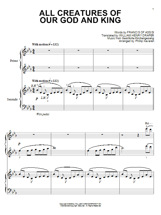 Francis Of Assisi All Creatures Of Our God And King (arr. Phillip Keveren) sheet music notes and chords arranged for Piano Duet