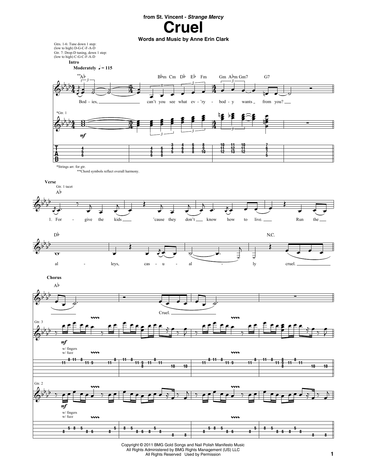St. Vincent Cruel sheet music notes and chords arranged for Guitar Tab