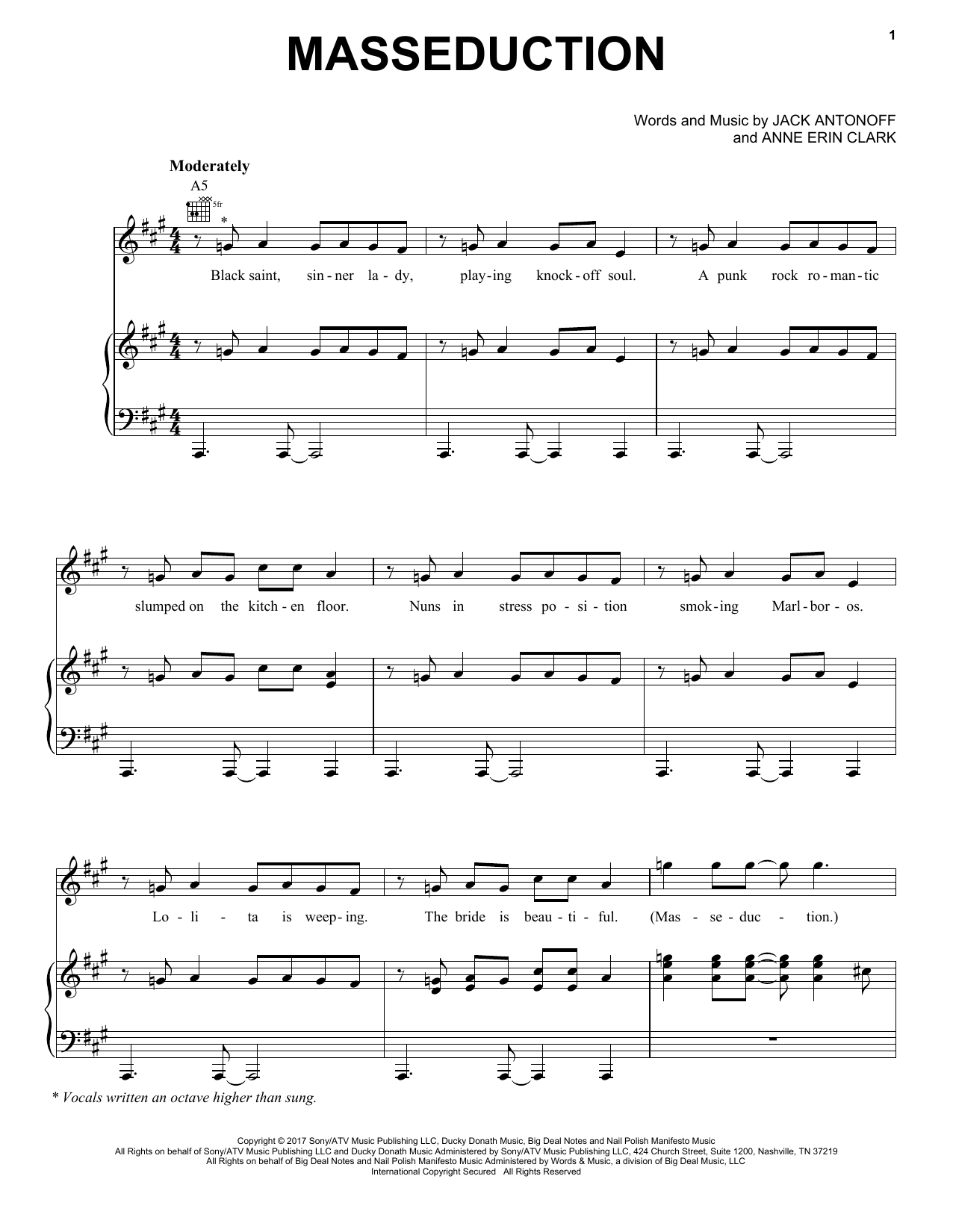 St. Vincent Masseduction sheet music notes and chords arranged for Piano, Vocal & Guitar Chords (Right-Hand Melody)