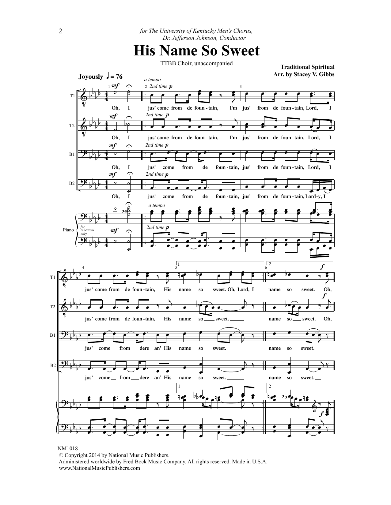 Stacey V. Gibbs His Name So Sweet sheet music notes and chords arranged for TTBB Choir