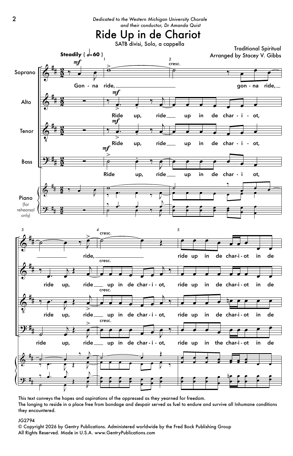 Stacey V. Gibbs Ride Up in de Chariot sheet music notes and chords arranged for Choir