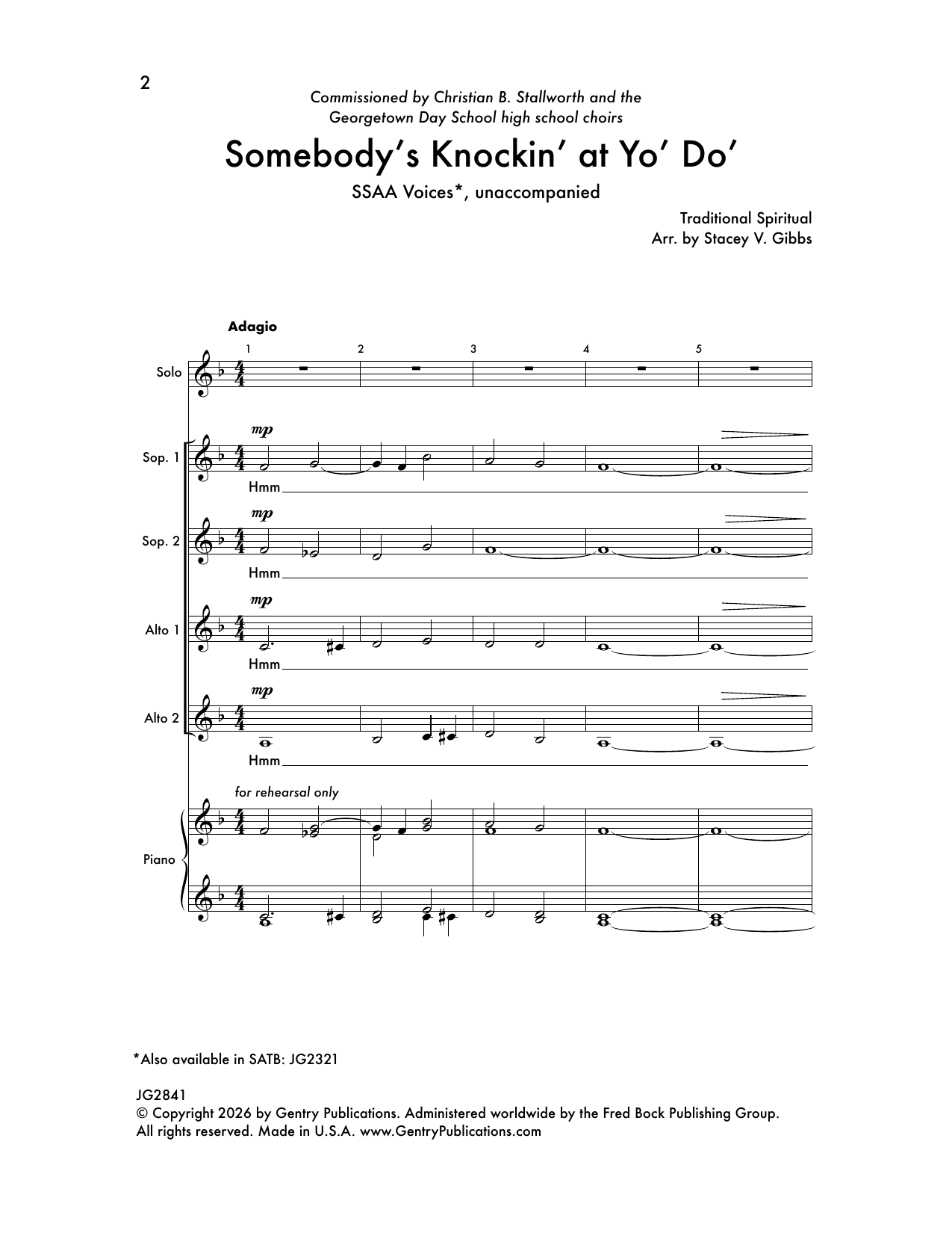 Stacey V. Gibbs Somebody's Knockin' at Yo' Do' sheet music notes and chords arranged for SSAA Choir