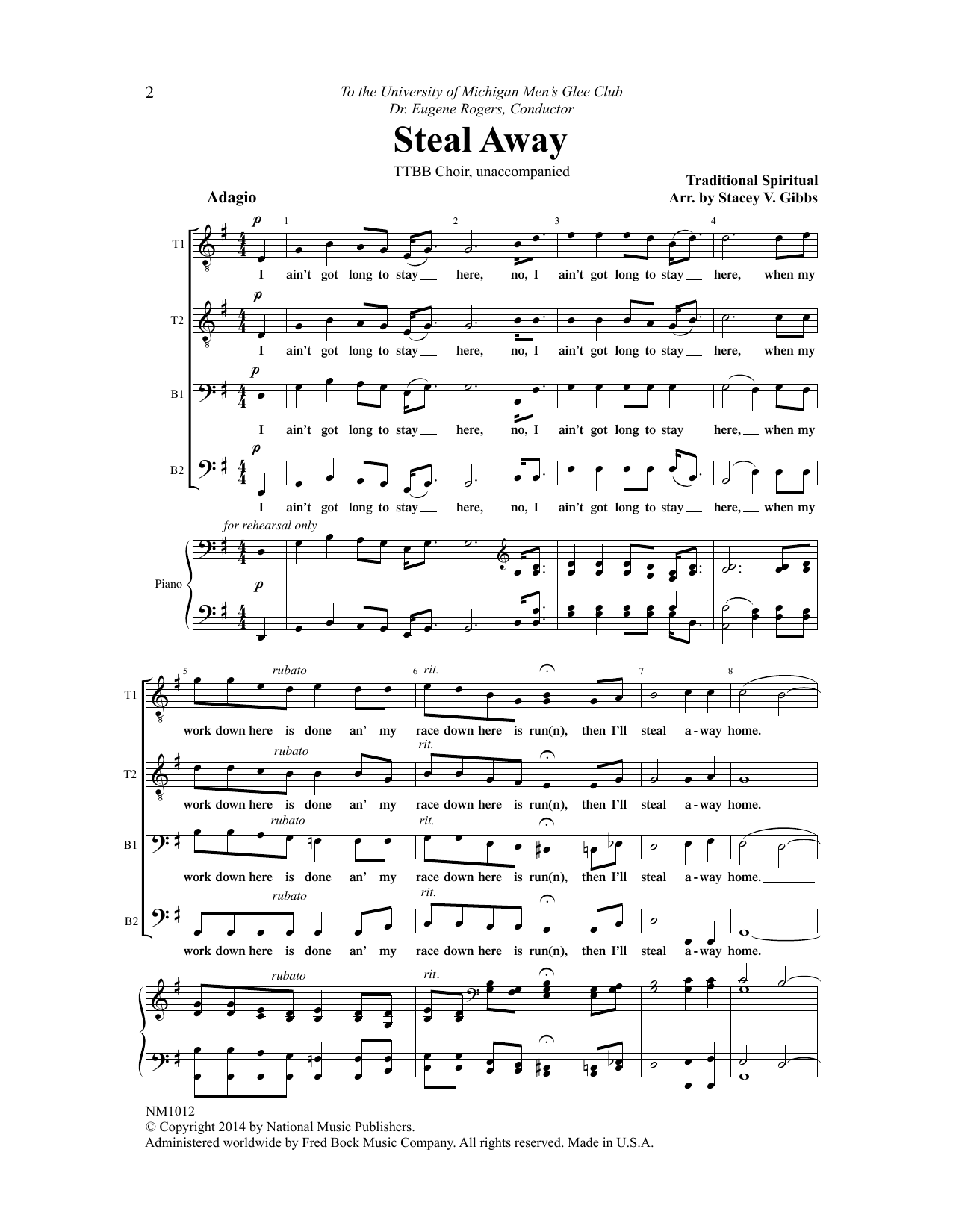 Stacey V. Gibbs Steal Away sheet music notes and chords arranged for TTBB Choir