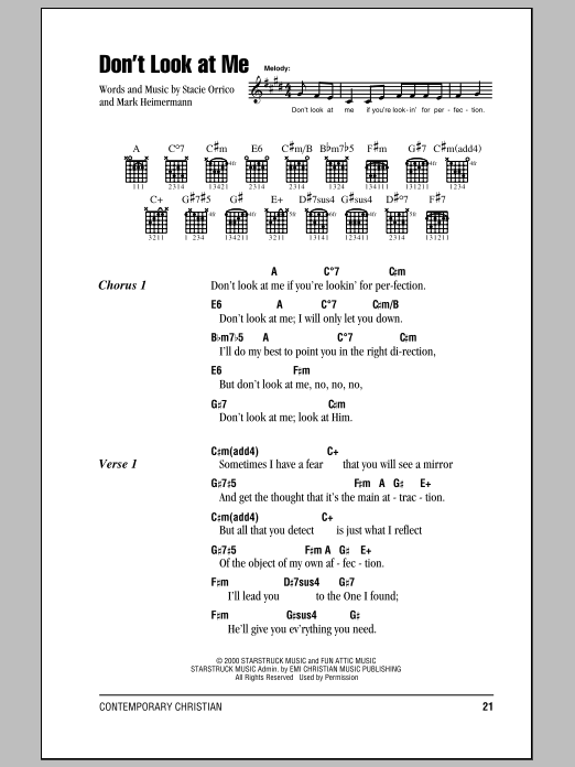 Stacie Orrico Don't Look At Me sheet music notes and chords arranged for Guitar Chords/Lyrics