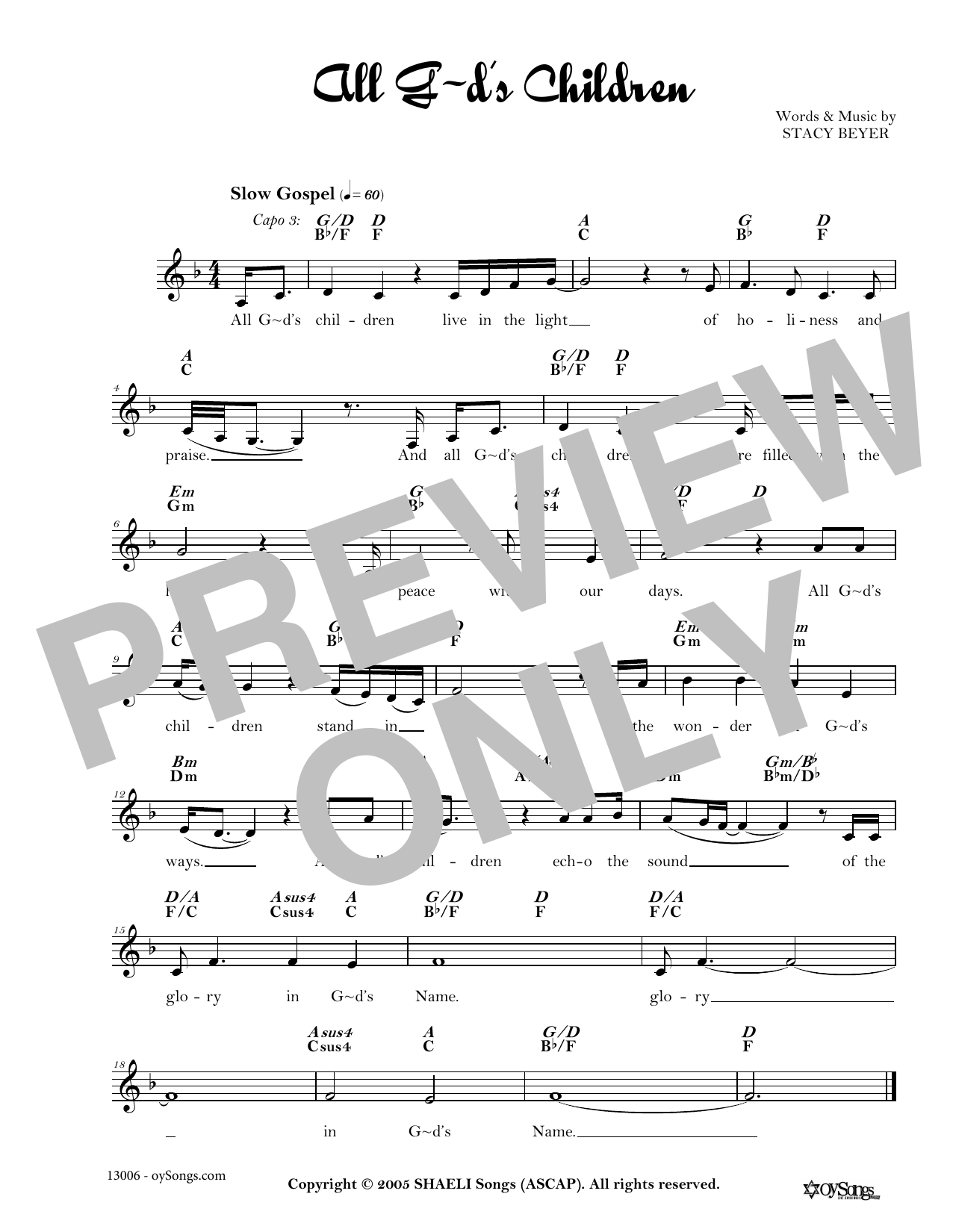 Stacy Beyer All God's Children sheet music notes and chords arranged for Lead Sheet / Fake Book