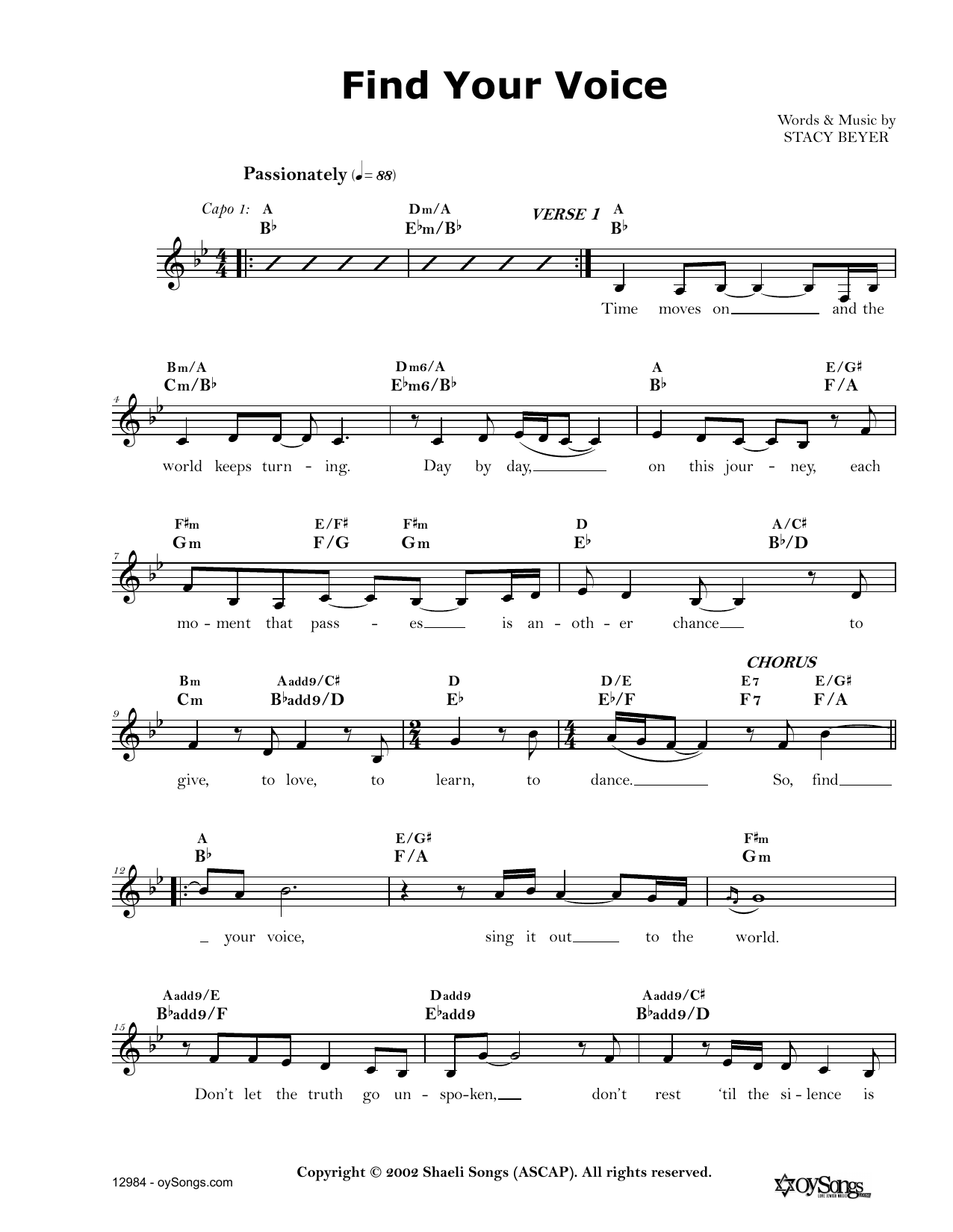 Stacy Beyer Find Your Voice sheet music notes and chords arranged for Lead Sheet / Fake Book