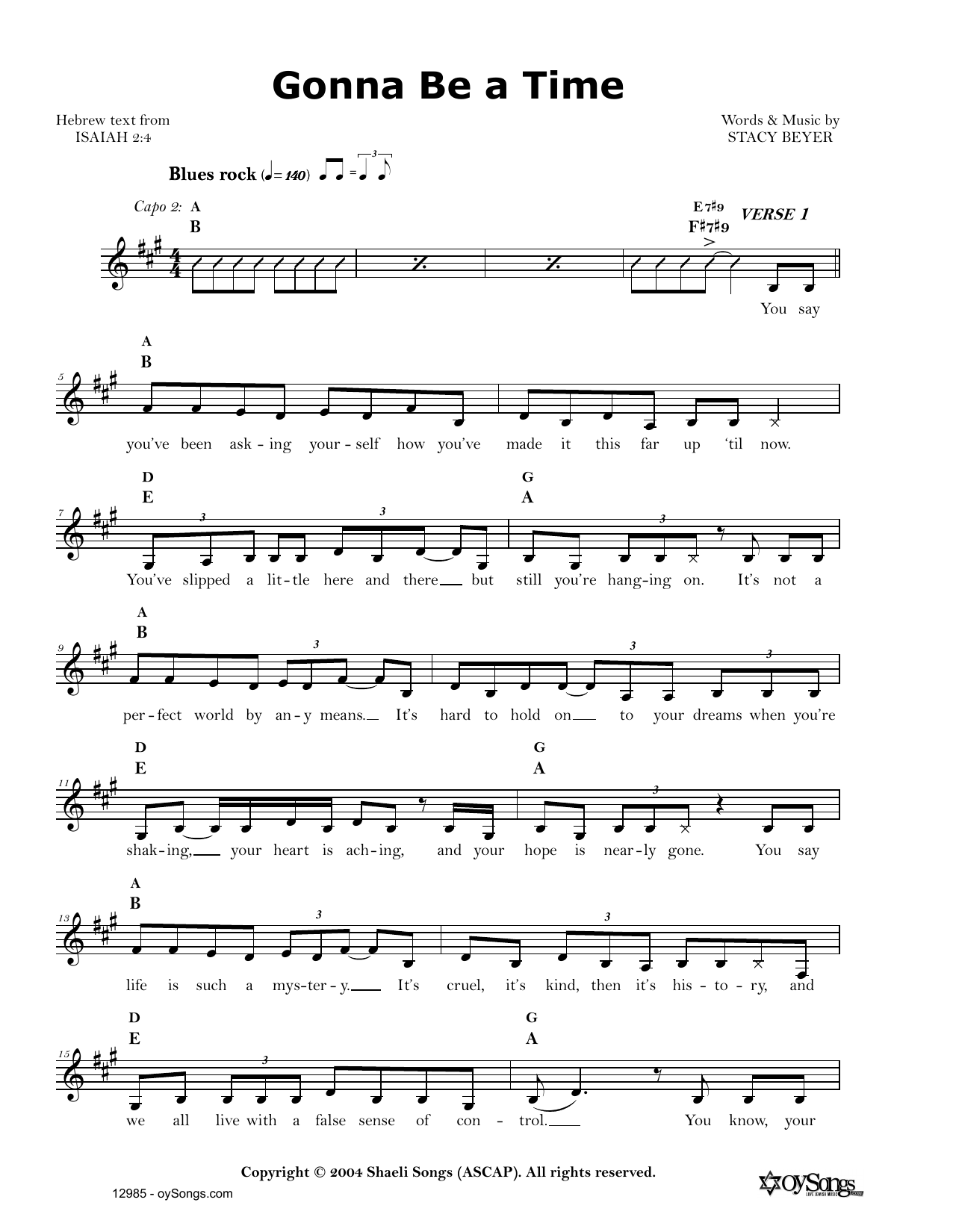 Stacy Beyer Gonna Be a Time sheet music notes and chords arranged for Lead Sheet / Fake Book