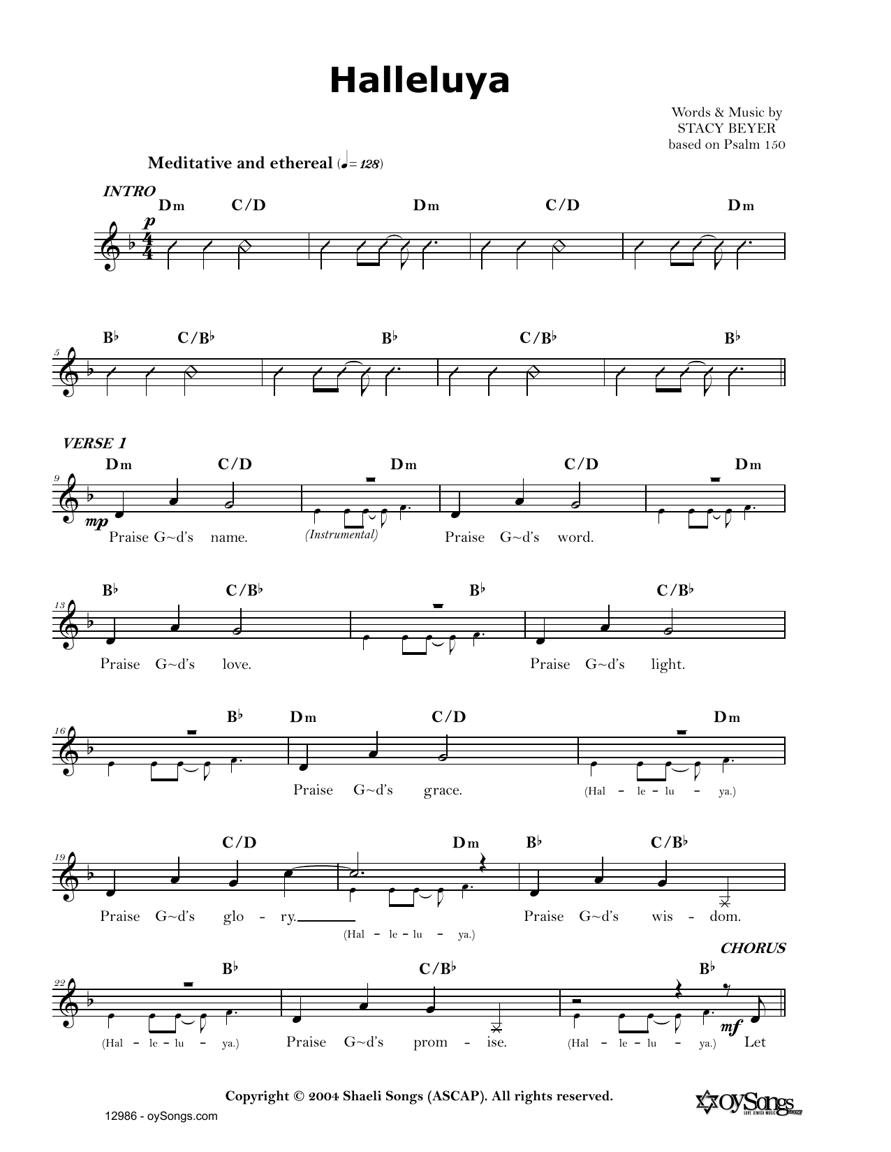 Stacy Beyer Halleluyah sheet music notes and chords arranged for Lead Sheet / Fake Book