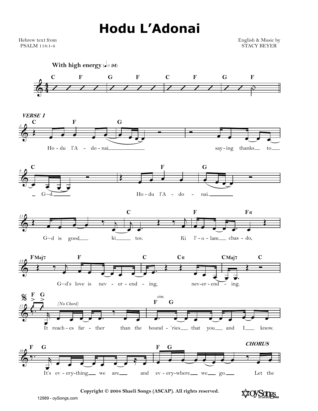 Stacy Beyer Hodu L'Adonai sheet music notes and chords arranged for Lead Sheet / Fake Book
