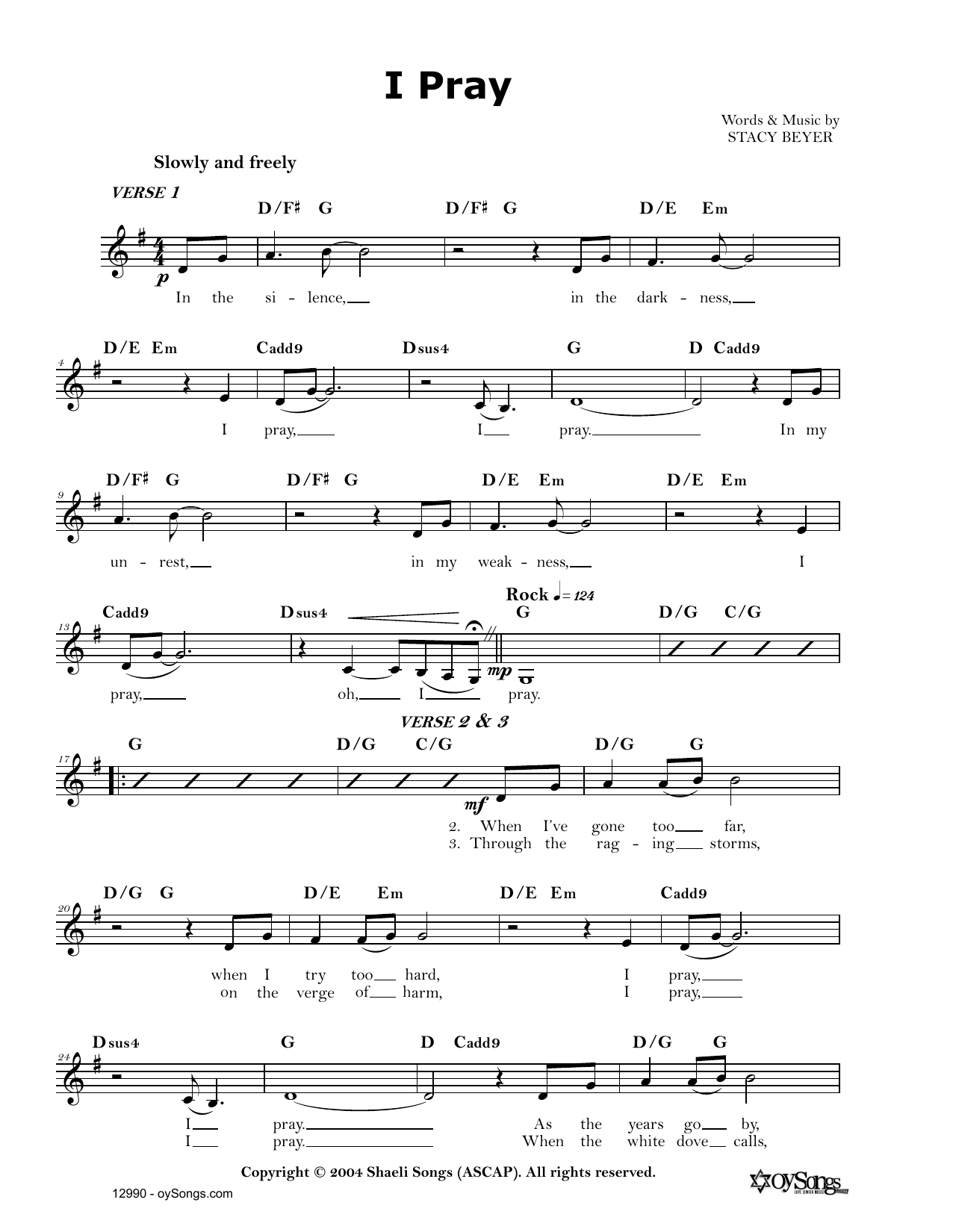 Stacy Beyer I Pray sheet music notes and chords arranged for Lead Sheet / Fake Book