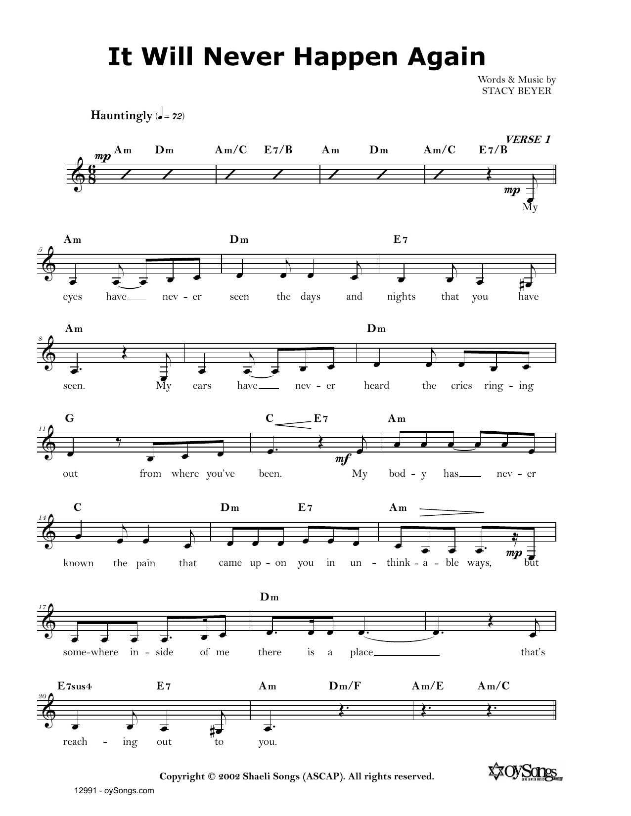 Stacy Beyer It Will Never Happen Again sheet music notes and chords arranged for Lead Sheet / Fake Book