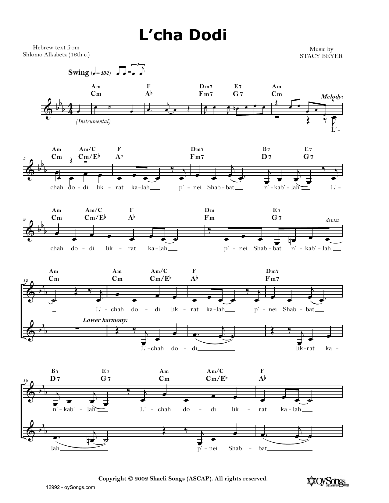 Stacy Beyer L'chah Dodi sheet music notes and chords arranged for Lead Sheet / Fake Book