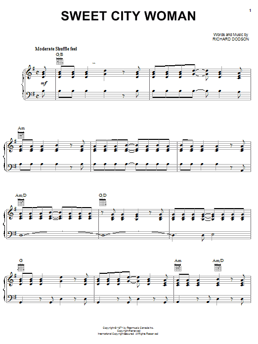 Stampeders Sweet City Woman sheet music notes and chords arranged for Piano, Vocal & Guitar Chords (Right-Hand Melody)