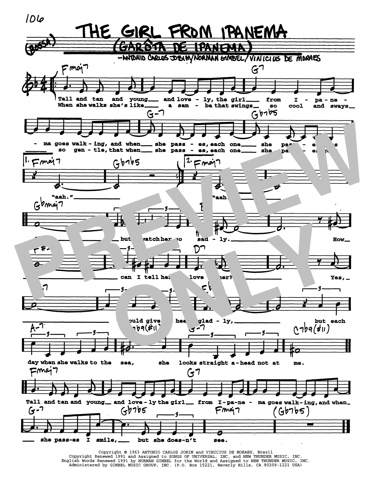Stan Getz & Astrud Gilberto The Girl From Ipanema (Garôta De Ipanema) (Low Voice) sheet music notes and chords arranged for Real Book – Melody, Lyrics & Chords